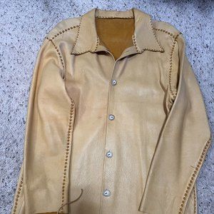 Vintage leather shirt jacket with leather stitching